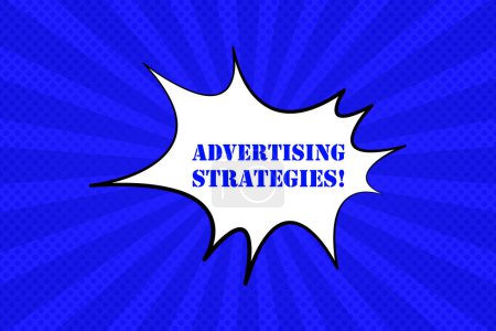 Ilustración de Burbuja de voz azul cómico con estrategias de publicidad icono de línea de explosión de texto. Dibujo, superhéroe, revista, caricatura, estilo. Icono de línea vectorial para negocios y publicidad - Imagen libre de derechos