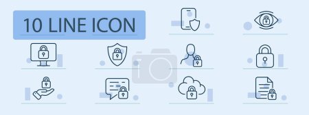 Illustration for Protection information line icon. Encryption, firewalls, secure servers, regular audits, privacy policies, GDPR compliance. Pastel color background. Vector line icon for business and advertising - Royalty Free Image