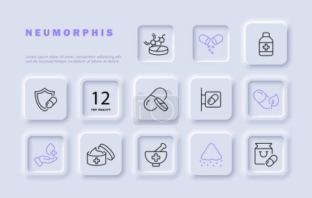 Medicine set line icon. Tablets, mortar, pestle, shield, treatment, natural ingredients. Neomorphism style. Vector line icon for business and advertising