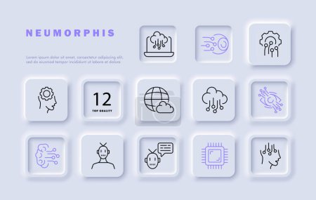 Illustration for Gadgets set line icon. Artificial intelligence, eye, gear, technology, robot, planet, neurons, Internet. Neomorphism style. Vector line icon for business and advertising - Royalty Free Image