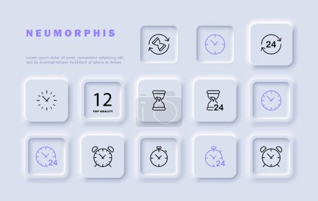 Clock set line icon. Hourglass, timer, second, hour, alarm clock, working day. Neomorphism style. Vector line icon for business and advertising