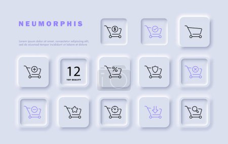 Grocery cart set line icon. Shopping, discounts, supermarket, groceries. membership card, percentage, timer. Neomorphism style. Vector line icon for business and advertising