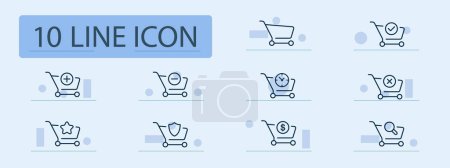 Illustration for Shopping cart set line icon. Shopping, transportation, discounts, shop, supermarket, food, membership card. Pastel color background. Vector line icon for business and advertising. - Royalty Free Image