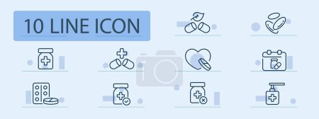 Illustration for Medicine set line icon. Tablet, blister, heart, tick, cross, calendar, antiseptic. Pastel color background. Vector line icon for business and advertising. - Royalty Free Image