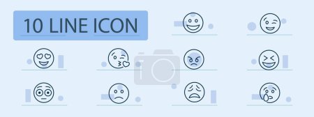 Illustration for Online chatting set line icon. Smile, heart, air kiss, tears, joy, surprise, fear, anger. Pastel color background. Vector line icon for business and advertising. - Royalty Free Image