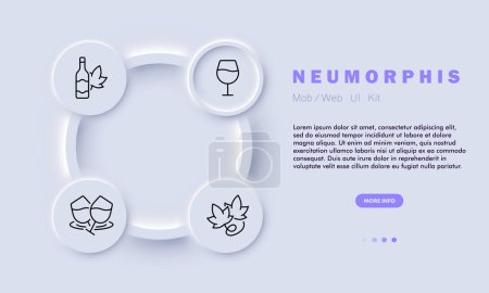 Illustration for Degustation line icon. Wine tasting, sophistication, glass, blend, grapes, bottle, leaves. Neomorphism style. Vector line icon for business and advertising. - Royalty Free Image