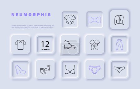 Illustration for Cloth line icon set. Bra, pajamas, bow, jacket, T-shirt, shoes, socks, heels.. Neomorphism style. Vector line icon for business and advertising. - Royalty Free Image