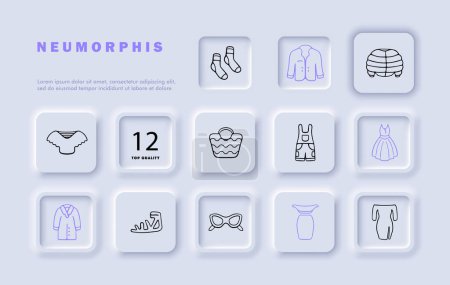 Illustration for Cloth line icon set. Dress, jacket, coat, bag, socks, glasses, jacket, casual,everyday wear. Neomorphism style. Vector line icon for business and advertising. - Royalty Free Image