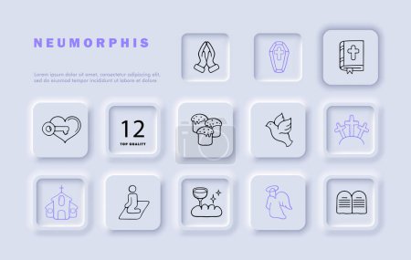Prayer line icon set. Spirituality, devotion, faith, meditation, hands, bible, angel, bread, wine, church. Neomorphism style. Vector line icon for business and advertising.