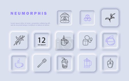 Sugar line icon set. Rich, soothing, aromatic, comforting, sweet, spoon, cup, cocktail, tea bag, vanilla. Neomorphism style. Vector line icon for business and advertising.
