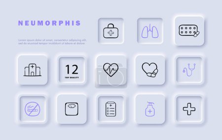 Illustration for Prevention line icon set. Comprehensive, customized, therapeutic, first aid kit, hospital, scales, heartbeat, lungs . Neomorphism style. Vector line icon for business and advertising. - Royalty Free Image