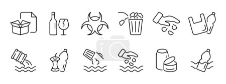 Illustration for Human waste, garbage set icon. Plastic, cardboard, glass products, trash, throwing garbage anywhere, waste, bags and bottles. Environmental pollution concept.  Vector icon on white background. - Royalty Free Image