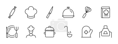 Illustration for Kitchen set icon. Kitchen utensils, rolling pin, chef hat, knife, whisk, recipe book, cook, serving bowl and serving dish, saucepan, ladle, mitt and apron. Cook room concept.  Vector icon - Royalty Free Image