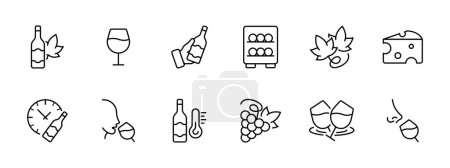 Téléchargez les illustrations : Ensemble de vin icône. Vin de raisins, verre, bouteille, tonneaux de stockage, raisins, fromage, fermentation, dégustation, stockage approprié, raisins, odeur du vin. Concept de vinification et dégustation de vin. Icône vectorielle . - en licence libre de droit