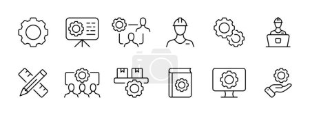 Illustration for Teamwork set icon. Gear presentation, system work, contractor, setup, computer work, pencil and ruler, literature, computer. Work optimization concept.  Vector icon on white background. - Royalty Free Image