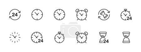 Illustration for Time set icon. 24 hours a day, clock, alarm, period, hourglass, timer, stopwatch, ticks. Time period, round the clock work concept.  Vector icon on white background. - Royalty Free Image