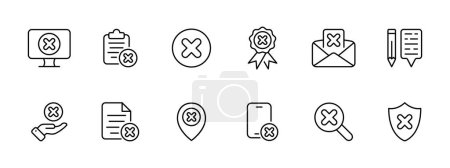 Illustration for Failure set icon. Blocked sites, files, denial of verification, refusal to send sheets, notepad, refusal to provide services, protection.  Vector icon on white background. - Royalty Free Image