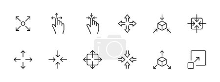 Illustration for Mouse set icon. Scatter, full screen, focus, move, picture in picture, mouse cursor, simple lines. Concept of gathering and dissolving.  Vector icon on white background. - Royalty Free Image