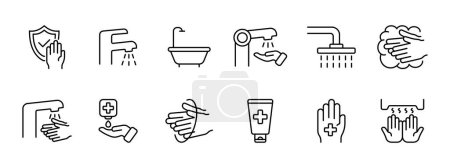 Téléchargez les illustrations : Ensemble de lavage icône. Désinfection, robinet d'eau, bain, bain, savonnage et lavage des mains, crèmes et huiles médicales pour les mains, séchage des mains. Concept de soins de santé. Icône vectorielle sur fond blanc. - en licence libre de droit