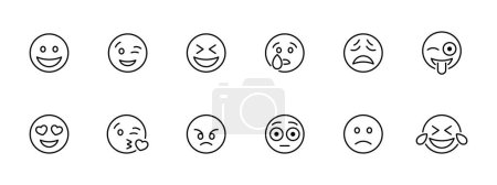 Téléchargez les illustrations : Emoji ensemble icône. Sourire, cligner des yeux, rire, pleurer, triste, fou, amoureux, en colère, perplexe, épuisé, rire jusqu'à larmes icône emoji. Un baiser aérien. Icône vectorielle sur fond blanc. - en licence libre de droit