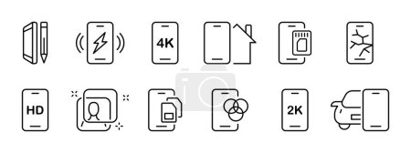 Illustration for Phone set icon. Phone and pencil, charger, smart home, memory card, SIM card, face recognition. 2k, 4k and HD resolutions, broken screen, color palette.  Vector icon on white background. - Royalty Free Image