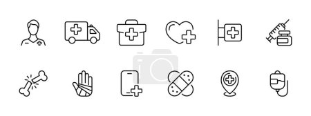 Illustration for Ambulance set icon. Employee and ambulance, first aid kit, pharmacy, heart health, drugs, fractures, burns, calling an ambulance by phone, adhesive plaster, IV. Ambulance concept.  Vector icon . - Royalty Free Image