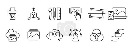Illustration for Photos set icon. Printer, brush, pencil, ruler, photo selection, pen, gradient, cropping, storing photos on cloud. Concept of editing and working with photos.  Vector icon on white background. - Royalty Free Image