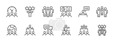 Illustration for Society set icon. Working hours, success, group of people, viewing statistics, speech, teamwork, worldwide, manager, leader, discussion. Company employees concept.  Vector icon . - Royalty Free Image