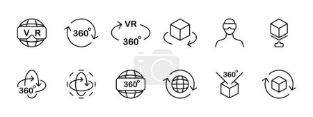 Illustration for VR set icon. Virtual reality helmet, 360 degrees, full coverage, freedom of movement, VR zone, augmented reality. The concept of VR technologies and services related to them.  Vector icon . - Royalty Free Image
