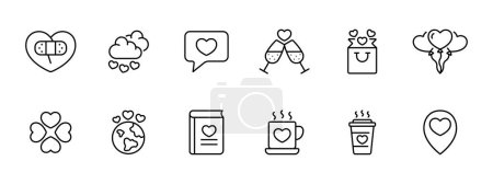 Illustration for Relationships set icon. Taped heart, clouds with hearts, chatting, date, balls, clover, love all over world, book, cup, geolocation. Dating and gifts concept.  Vector icon on white background. - Royalty Free Image