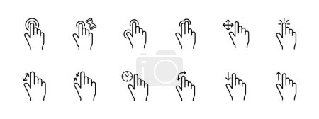 Illustration for Gestures set icon. The hand clicks, holds, clicks with two fingers, expands, narrows, twirls, scrolls down and up. Gesture control concept.  Vector icon on white background. - Royalty Free Image