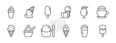 Ilustración de Conjunto de helado icono. Helado en una taza, en un palo, en una taza, en un vaso, en una taza, en un recipiente. Esmalte, transferencia de helados, helado con aditivos. Icono de vector sobre fondo blanco. - Imagen libre de derechos