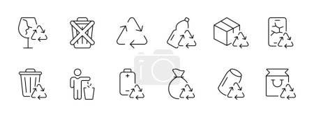 Illustration for Recycling set icon. Recycling of plastic, cardboard, glass, phones, garbage, batteries, metal. Garbage sorting. Eco friendly concept.  Vector icon on white background - Royalty Free Image