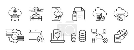 Illustration for Mining set icon. Cloud, password, protection, bitcoin, flash drive, file, calculator, percentage, profit, configuration uploading to cloud connections increasing income  Vector icon - Royalty Free Image