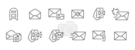 Téléchargez les illustrations : Icône Mail Set. Boîte aux lettres, lettre, lettre, photographie, carte postale, timbre, e-mail, mailing, envoi urgent et rapide, documentation icône vectorielle sur fond blanc - en licence libre de droit