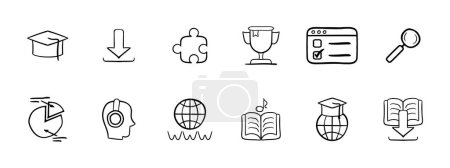 Ilustración de Conjunto de entrenamiento icono. Tapa académica, rompecabezas, descargar, taza, prueba, lupa, diagrama, música, Internet, lectura, aprendizaje en línea, iconos de libros electrónicos Concepto de aprendizaje en línea Icono de vector - Imagen libre de derechos