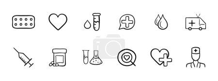 Illustration for Medicine set icon. Pills, heart, liquid, medical care, ambulance, syringe, pills, solutions, heartbeat, doctor Medical treatment concept  Vector icon on white background - Royalty Free Image