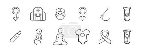 Illustration for Pregnancy set icon. Boy, hospital obstetrician, girl, breastfeeding, egg, sperm, pregnancy test, pregnant woman, self care. Childbirth concept.  Vector icon on white background - Royalty Free Image