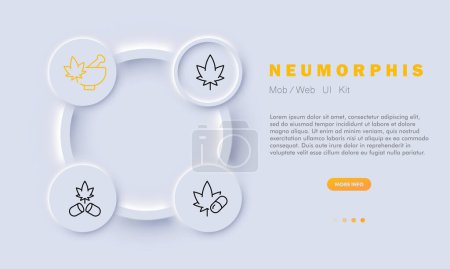Illustration for Medicinal marijuana icon set. Medicine, mortar, pill, syringe, cannabis, pain, therapy, pharmacy, law, oncology. Neomorphism style. Vector line icon for business and advertising - Royalty Free Image
