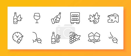 Ilustración de Conjunto de iconos de vinificación. Botella, uvas, temperatura, envejecimiento, queso, merienda. Icono negro sobre fondo blanco. Icono de línea vectorial para negocios y publicidad - Imagen libre de derechos