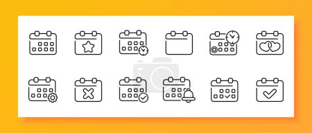 Calendar icon set. Organizer, star, selected, bell, timer, clock, gears, settings. Black icon on a white background. Vector line icon for business and advertising