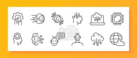 Illustration for Technologies icon set. Gear, monitor, cloud storage, artificial intelligence, information, neural network, robot. Black icon on a white background. Vector line icon for business and advertising - Royalty Free Image