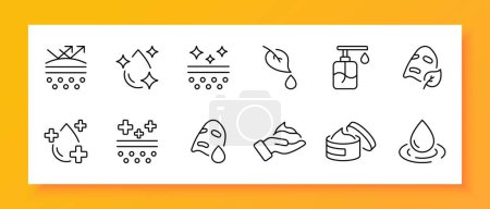 Cosmetics icon set. Mask, drop, treatment, healing, rejuvenation, natural ingredients, cream. Black icon on a white background. Vector line icon for business and advertising