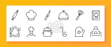 Kitchen icon set. Povor's cap, rolling pin, plate, knife, fork, oven mitt, apron, recipe book. Black icon on a white background. Vector line icon for business and advertising
