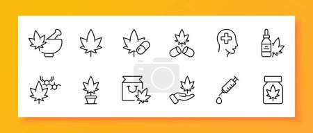 Illustration for Medicinal marijuana icon set. Psychotherapy, psychology, treatment, PTSD, tablet, syringe, injection, cultivation. Black icon on a white background. Vector line icon for business and advertising - Royalty Free Image