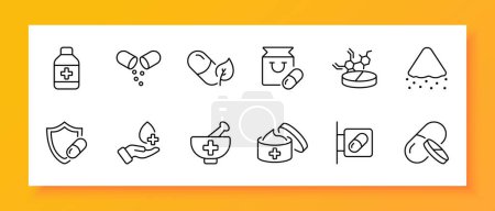 Illustration for Treatment icon set. Tablet, cough syrup, mortar, plus, healing, pill, pharmacy, pharmaceuticals. Black icon on a white background. Vector line icon for business and advertising - Royalty Free Image