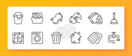 Illustration for Cleaning icon set. Plunger, bathroom, cleanliness, trash can, washcloth, faucet, pipeline, washing machine. Vector line icon for business and advertising - Royalty Free Image