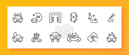 Illustration for Car wash icon set. Foam, graying, washcloth, water flow, cleanliness, polishing, drop, soap. Black icon on a white background. Vector line icon for business and advertising - Royalty Free Image