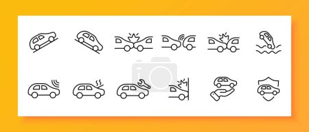 Illustration for Car accident icon set. Smoke, collision, fire, damage, slope. Black icon on a white background. Vector line icon for business and advertising - Royalty Free Image
