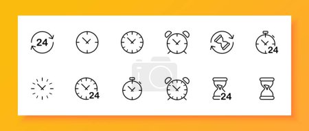 Illustration for Clock icon set. Alarm clock, bell, time, early rise, hourglass, timer, measurement, physics, science, watchmaker. Black icon on a white background. Vector line icon for business and advertising - Royalty Free Image